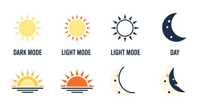 Day and Night Icons Set Sunrise and Sunset Moon Phases Dark and Light Mode Concept for User Interface Design Switch Between Day and Night Themes Application Development Options Visual