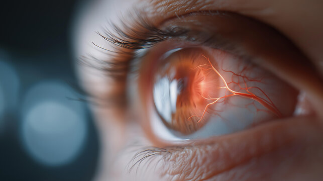 Healthcare AI detecting diabetic retinopathy in eye examination, fundus photograph with highlighted blood vessel abnormalities and risk assessment overlay in ophthalmology clinic, ideal for