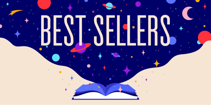 Book, Imagination, Dreams. Text Best Seller. Cosmos book, space imagination. Open book storybook for children. Imagination magic world. Open library fantasy dream and storytelling. Vector Illustration