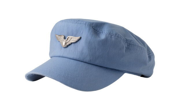 Light blue military-style cap with a silver winged emblem, a classic aviator s headwear piece isolated on transparent background PNG