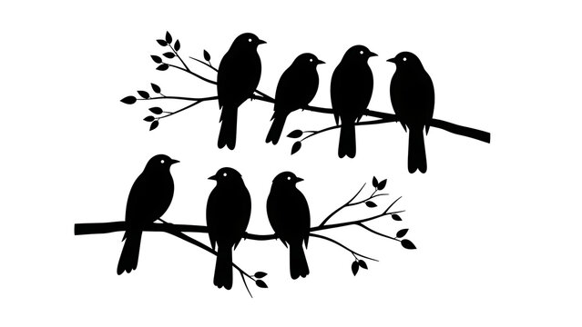 Seven black birds on two tree branches isolated on a transparent background