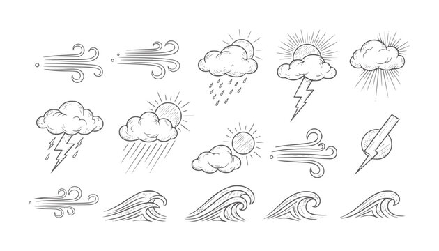 Hand drawn black and white weather and wave collection waves clouds rain