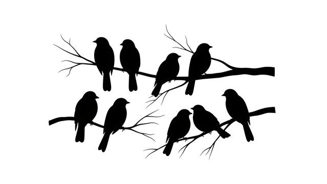 Silhouette of eight birds on two bare branches isolated on a transparent background