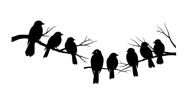 Silhouette of eight birds on two tree branches isolated on a transparent background