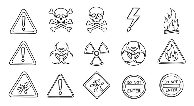 Collection of Graphic Hazard Icons Depicting Warning Danger and Caution Scenarios Symbolizing Various Risks and Potential Threats in Order to Promote Safety and Awareness in Different Situations