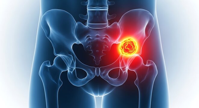 human pelvis with glowing red hip joint pain