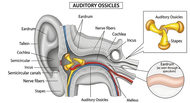 human ear anatomy with labeled auditory ossicles