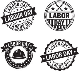 Obraz premium Four black and white circular badges commemorate Labor Day with tool and hard hat icons