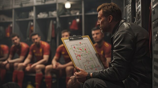 Soccer manager in a locker room holding a tablet for team strategy. AI generated image