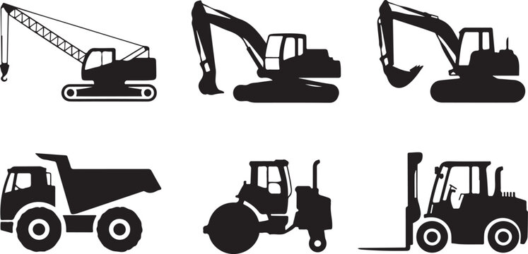 Silhouettes of heavy construction machinery including excavators, a dump truck, crane, and forklift on a white background