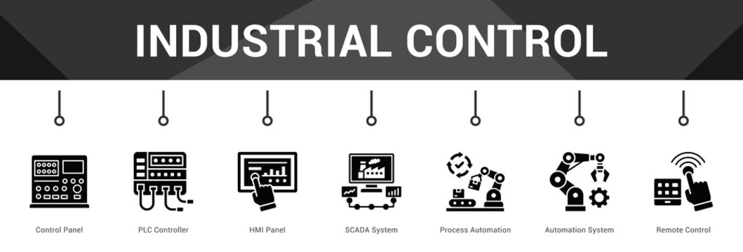 Industrial Control  Modern and clean web banner illustration vector featuring thematic icons