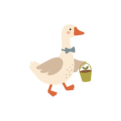 Cute goose wearing bow tie and carrying watering can flat illustration scandinavian style © Hellotatary