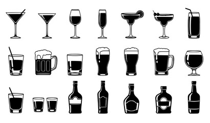 Alcohol cocktail glasses silhouette set with wine beer shot glasses and bar bottles vector © Rimu