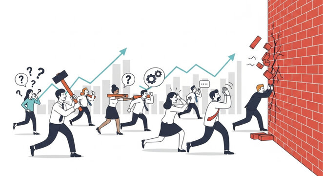 Business People Running into Brick Wall.