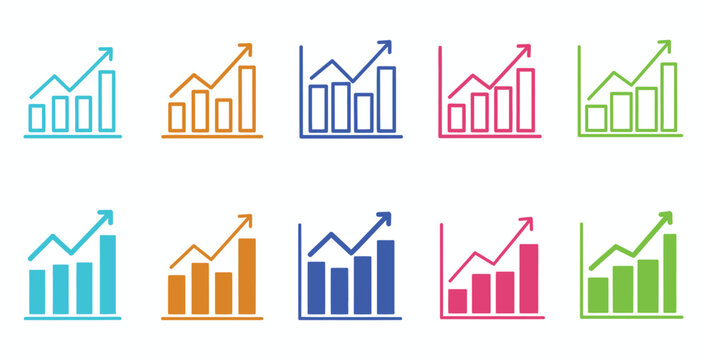 A collection of colorful graph and chart icons in various styles and colors for data visualization and business presentations