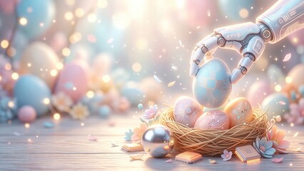 Fototapeta premium Robotic hand gently lifting colorful easter egg from nest. Futuristic technology blending with traditional spring holiday symbols. Innovative digital celebration of easter and cyber traditions