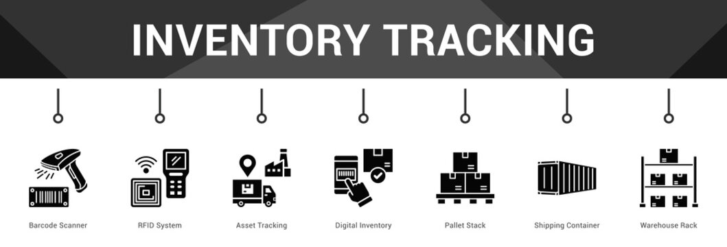 Inventory Tracking  Modern and clean web banner illustration vector featuring thematic icons
