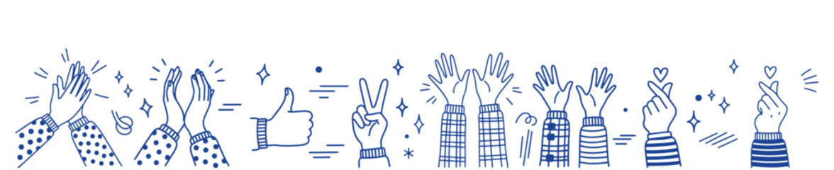 Fototapeta premium Hand Gesture Line Art Border Continuous Thumbs Up Clapping OK Peace Vector Illustration