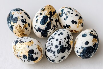 Fototapeta premium Decorated easter eggs with gold accents on white surface studio shot