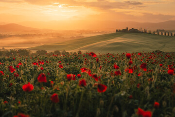 Fototapeta premium A stunning field of red poppies (Papaver rhoeas) dancing in the wind against the backdrop of the Italian countryside. A symbol of spring rebirth and natural elegance.
