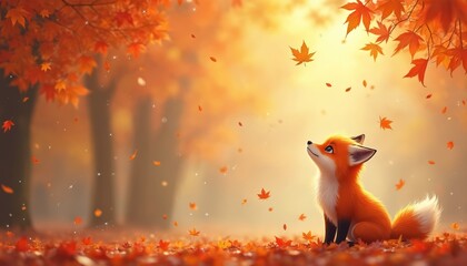 Fototapeta premium Cute cartoon fox sits in autumn forest looking up at falling maple leaves. Warm golden light filters through trees and orange foliage creates a magical scene.