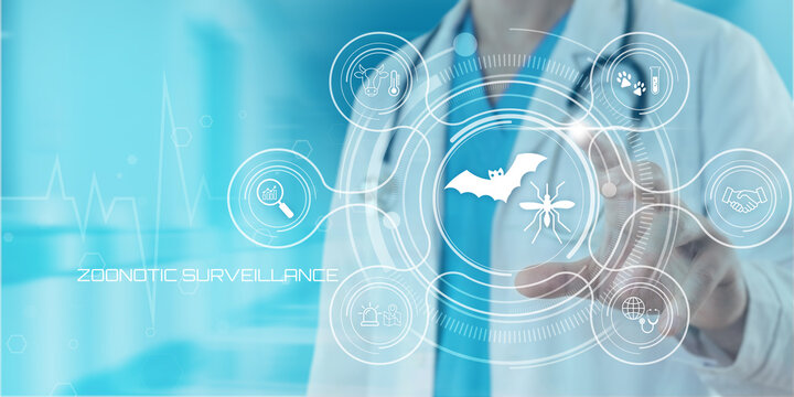 Medical professional interacting with digital interface displaying zoonotic surveillance icons and data analysis representing disease prevention and public health initiatives