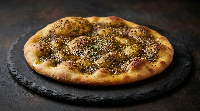 Golden brown za'atar flatbread, a delicious and savory Middle Eastern dish, beautifully presented on a rustic dark slate board, perfect for an authentic Mediterranean meal