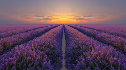 Obraz premium symmetrical lavender pathways at sunset forming repetitive visual metrics and hypnotic depth, golden glow