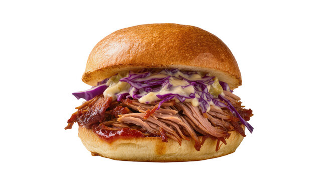 Delicious pulled pork sandwich with tangy red cabbage coleslaw and barbecue sauce, perfectly isolated on transparent background as a high-quality PNG