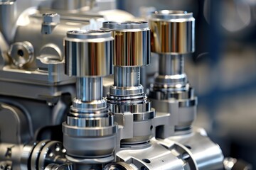 Fototapeta premium Polished pistons gleaming within powerful car engine, showcasing advanced automotive engineering and precision components