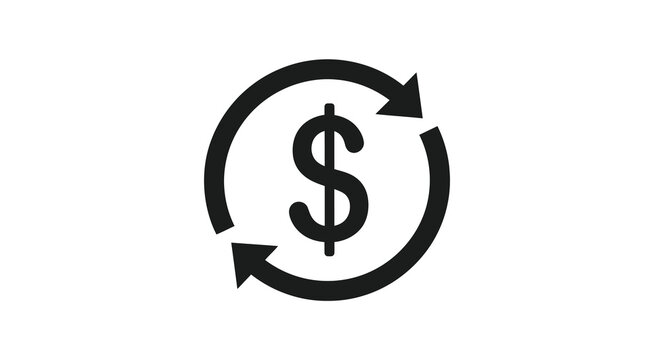 A simplistic black circular icon depicts a dollar sign within a continuous loop of two opposing arrows high quality
