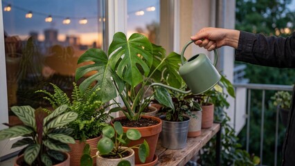 Fototapeta premium Hand watering monstera plant with green watering can on urban balcony at sunset. Indoor gardening and houseplant care concept with city skyline view through window and string lights