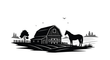 A striking black and white illustration depicts a classic barn scene with a horse birds and rolling hills © VoDesign02