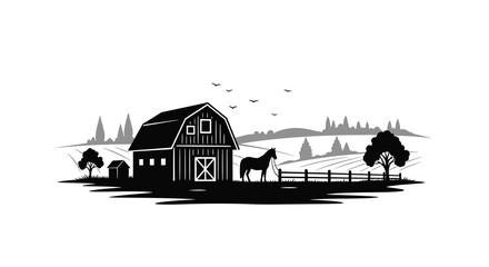 A striking black and white illustration depicts a rural farm scene with a barn horse and rolling hills high quality professional © VoDesign02