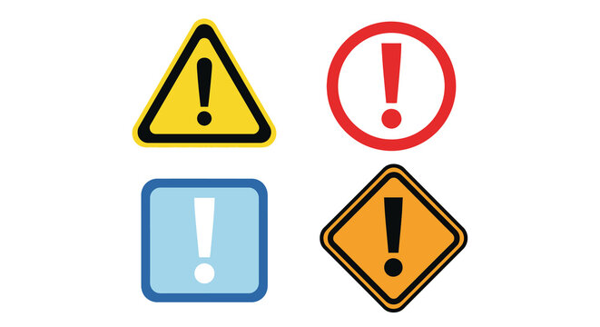 This image showcases four distinct warning signs featuring black exclamation points within colorful geometric shapes high quality professional detailed