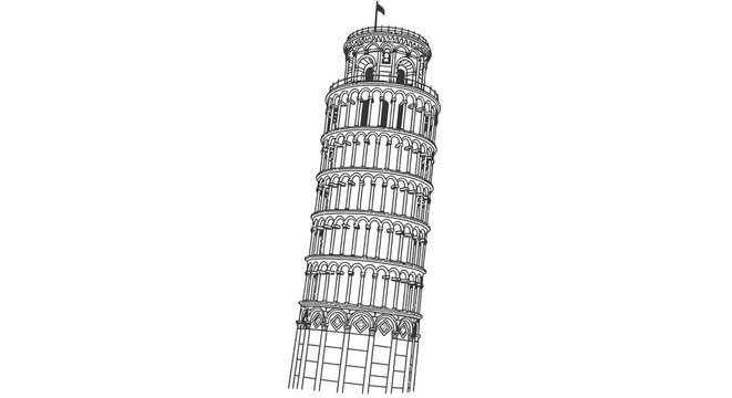 A detailed black and white sketch depicts the leaning tower of pisa italy showcasing its iconic architectural tilt
