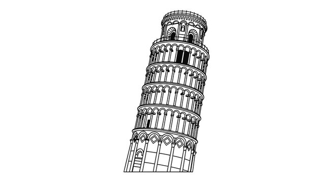 A detailed black and white line drawing depicts the leaning tower of pisa italy showcasing its iconic architectural tilt