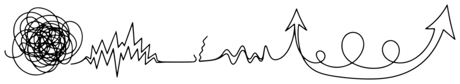 From chaos to order process concept one line drawing, simplification and solution finding illustration, continuous line art growth and success arrow