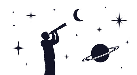 A silhouetted figure intently gazes through a telescope at a celestial scene featuring a crescent moon and planets © VoDesign02