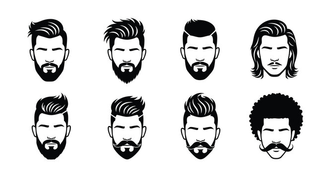 A collection of eight black and white illustrations showcasing diverse modern hairstyles and beard designs for men high quality