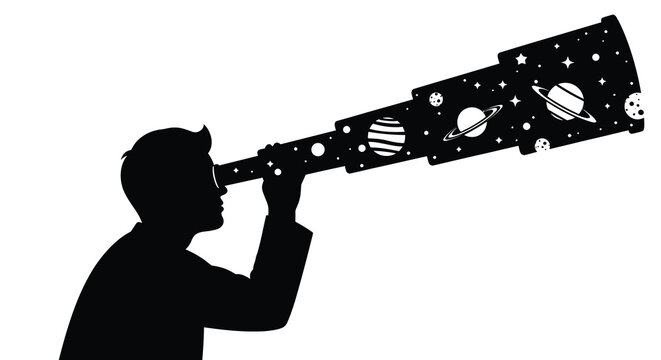 A silhouetted figure gazes through a telescope displaying planets stars and celestial bodies within its frame high quality professional