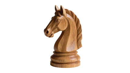 Elegant wooden chess knight piece, intricately carved from light brown wood, isolated PNG on transparent background, representing strategy and intellectual games © PAPADOMUS