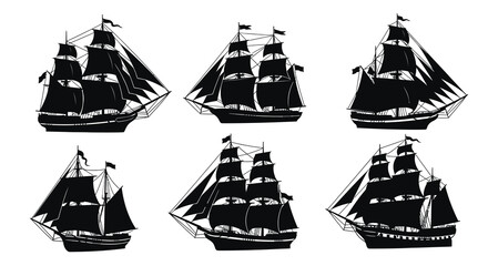 A collection of six detailed black silhouettes depicts various sailing ships with prominent masts and billowing sails high quality © VoDesign02