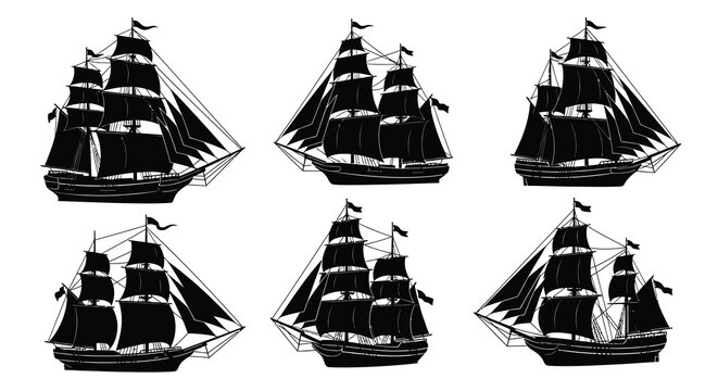 A collection of six detailed black silhouette illustrations depicts various sailing ships with multiple masts and sails high quality