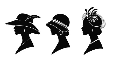 A striking black and white illustration depicts three elegant women in profile each adorned with a different vintage hat and jewelry © VoDesign02