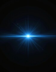 Obraz premium Bright blue light beam horizontal streak. Radial abstract glow effect. Minimalist design, dark background, clean energy concept. Cosmic phenomenon science digital art.