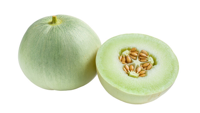 Fresh whole and half honeydew melon with visible seeds, isolated PNG on transparent background, delicious ripe fruit for healthy eating