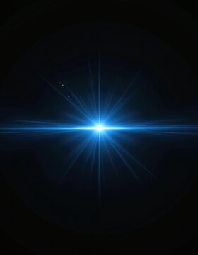 Bright blue light beam horizontal streak. Radial abstract glow effect. Minimalist design, dark background, clean energy concept. Cosmic phenomenon science digital art.