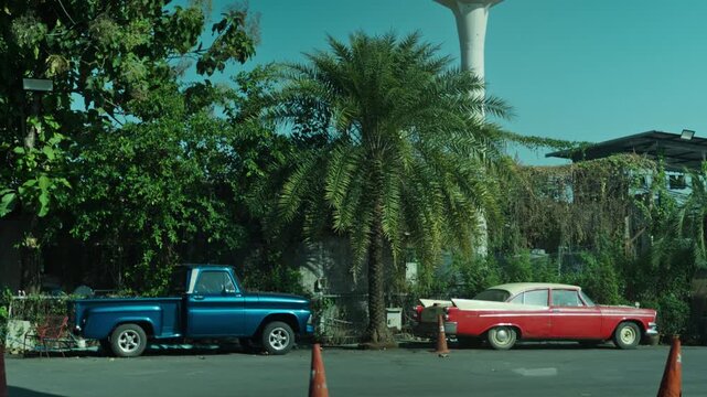Blue and red vintage classic american cars, bright and vivid colors.