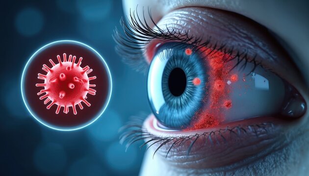 Close up blue human eye with red viral particles infecting conjunctiva and sclera. Microscopic view of virus cells near iris, sickness, disease outbreak concept.